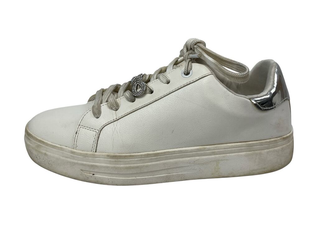 Aldo Women's White Leather Crystal Bow Lace Up Low Top Sneakers Shoes Size 8